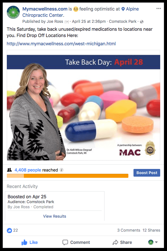 screenshot of MyMacWellness social media post with adult caucasian female doctor, with background graphic of pills behind her