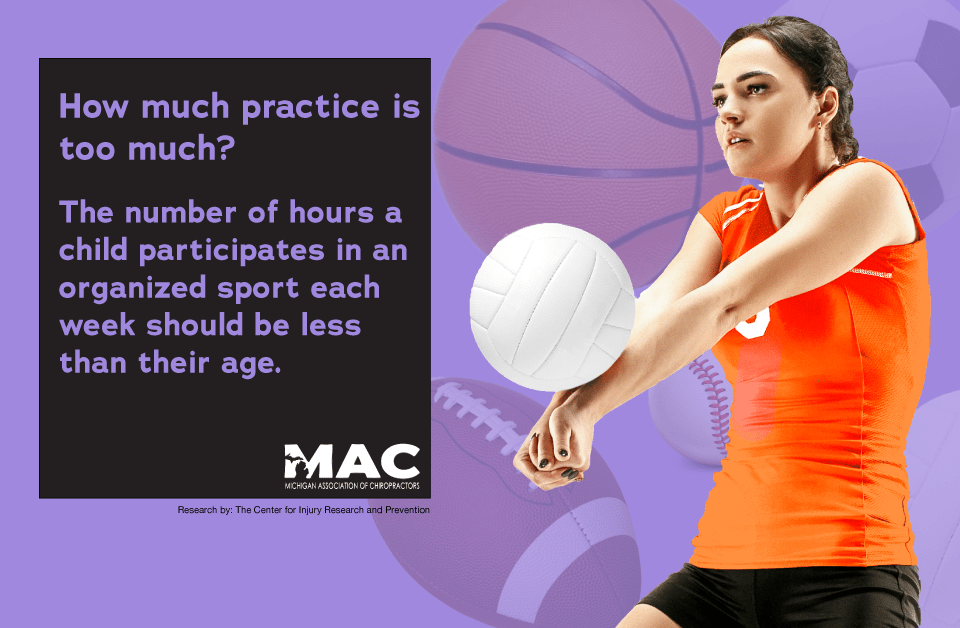 young caucasian female volleyball player hitting a volleyball against purple background with floating sports balls. text box reads: "How much practice is too much? The number of hours a child participates in an organized sport each week should be less than their age" with Michigan Association of Chiropractors logo